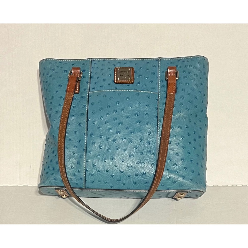 Dooney & Bourke Ostrich Embossed Leather Tote Bag Blue Brown Shoulder Handbag
